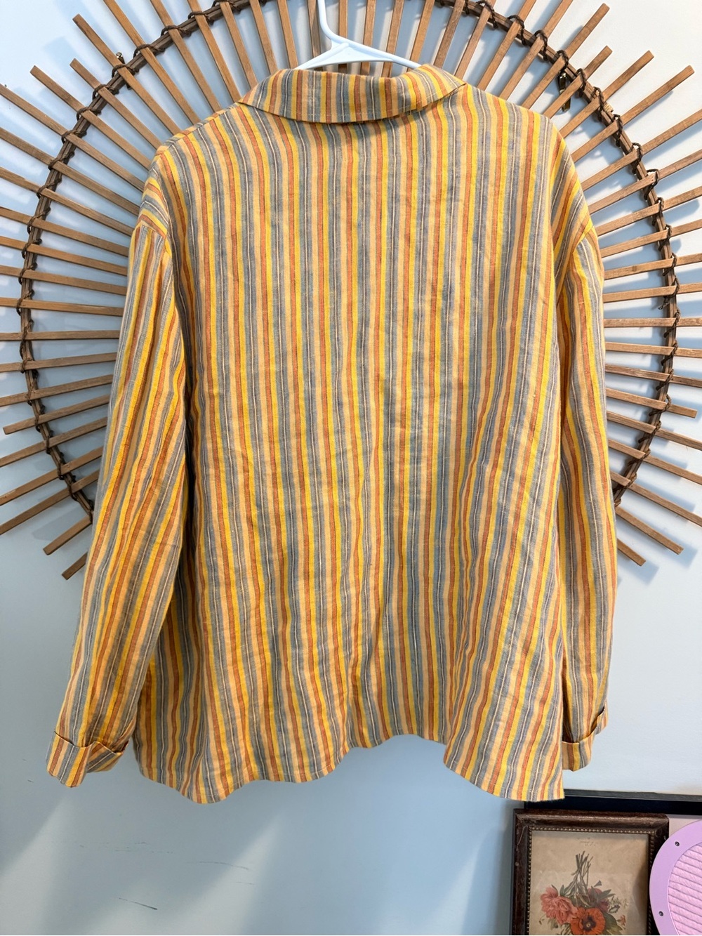 Flax Women’s Yellow Linen Multi Striped Button Down Jacket w Pockets Lagenlook L - Picture 9 of 14